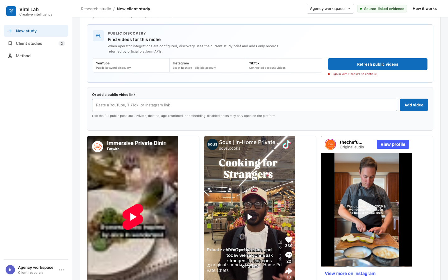 Viral Lab evidence screen showing public YouTube, TikTok and Instagram videos in the study source set