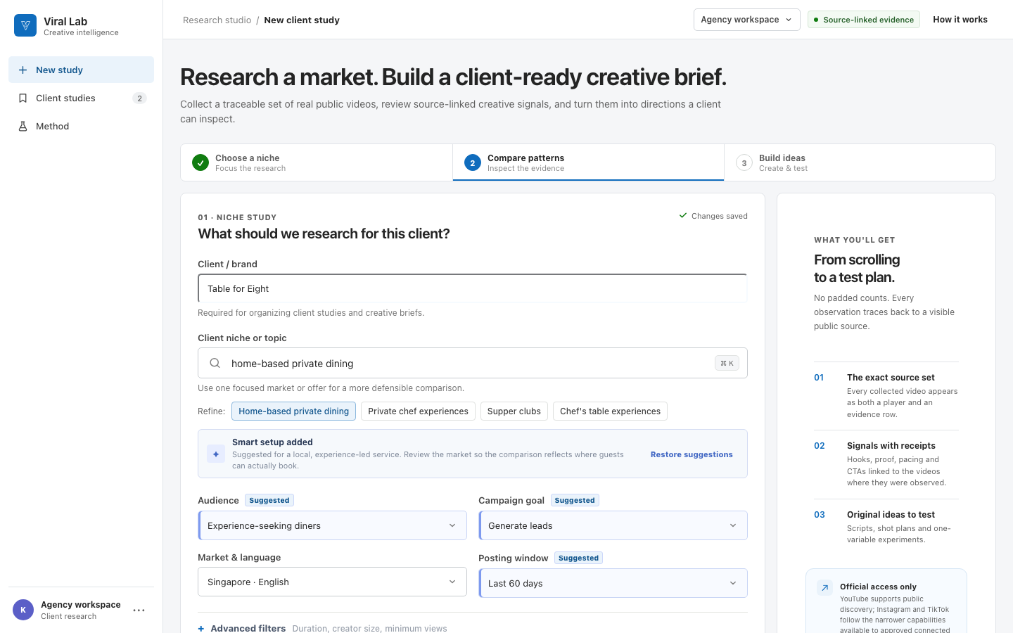 Viral Lab study setup for home-based private dining, with suggested audience, campaign goal, market and posting window